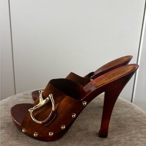 Gucci Brown High Heel Mules with Gold Accents